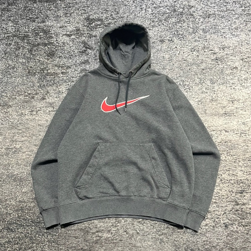 Nike Hoodie Mens Medium Gray Big Swoosh Y2K Sportswear Pullover Sweatshirt